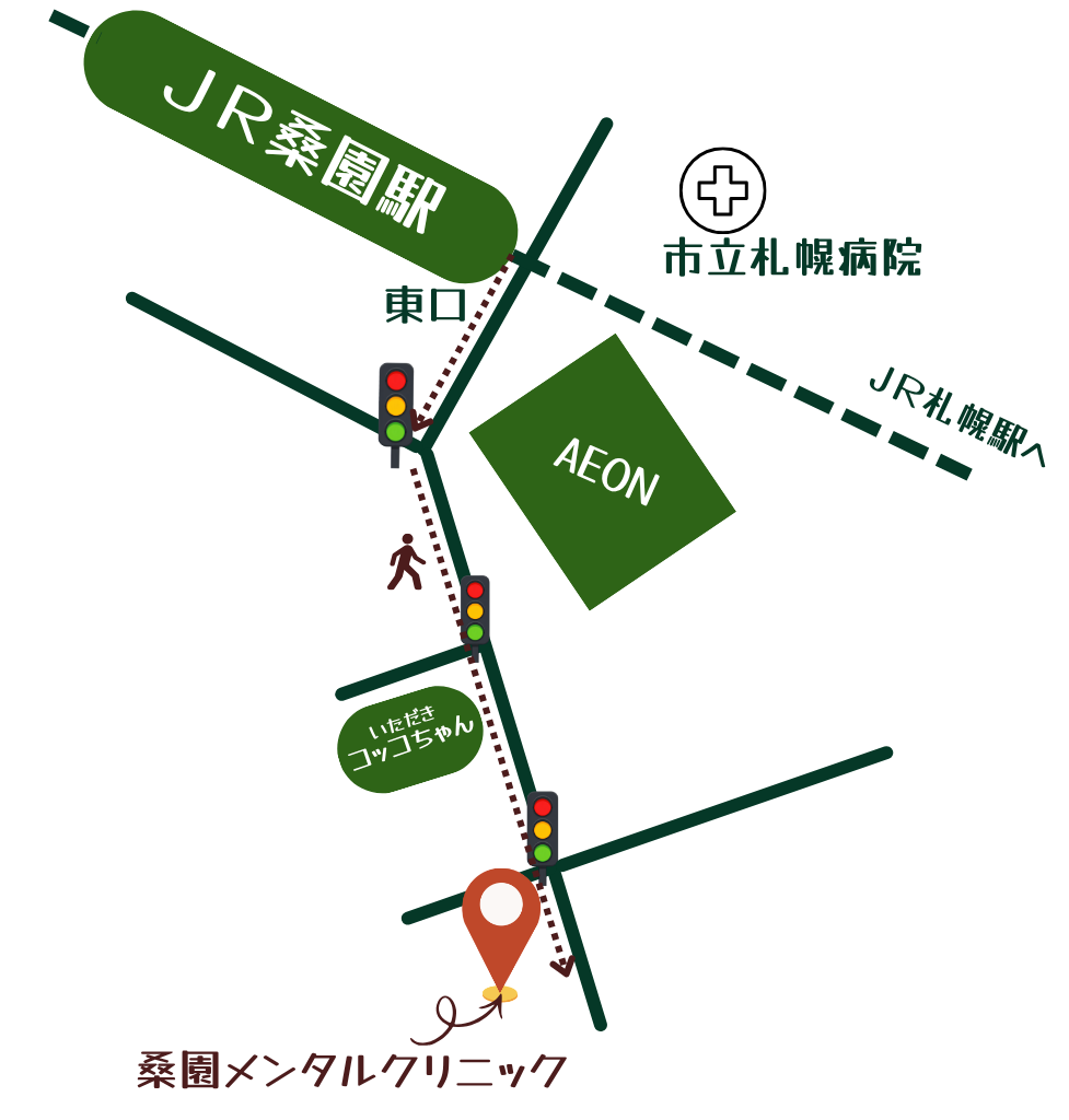 JR桑園駅東口から桑園メンタルクリニックまでの案内図